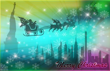 Santa in his sleigh with his reindeer flying above New York clipart