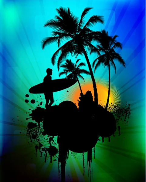 Tropische achtergrond met surfer in abstracte achtergrond — Stockfoto