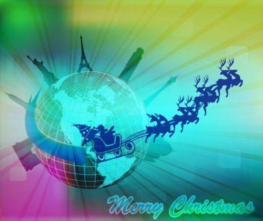 Santa in his sleigh with his reindeer around the world clipart