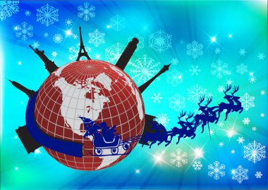 Santa in his sleigh with his reindeer around the world clipart