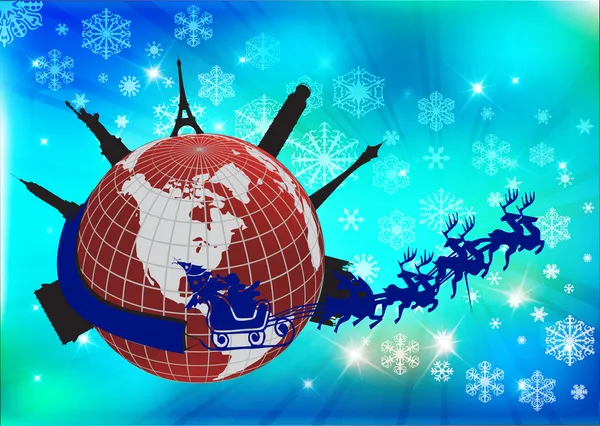 Weihnachtsmann im Schlitten mit seinem Rentier um die Welt — Stockfoto