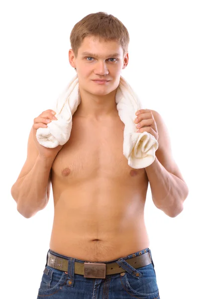 Retrato de um jovem segurando toalha branca — Fotografia de Stock