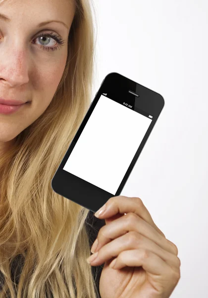 Woman shows smart phone — Stock Photo, Image