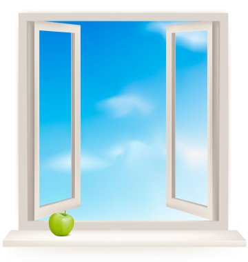 Open window against a white wall and the cloudy sky. Vector clipart