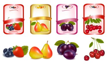 Four labels with berries and fruits. Vector. clipart
