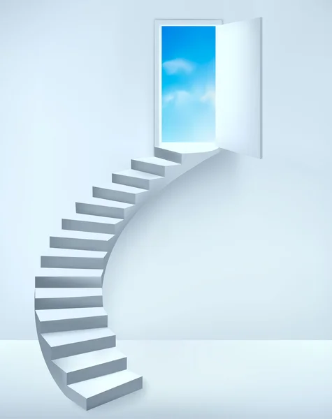 Una scala che finisce in una porta aperta verso un posto da sogno. Illustrazione vettoriale . — Vettoriale Stock