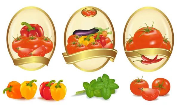 Three gold labels with different sorts of vegetables. Vector. — Stock Vector