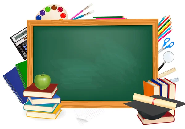 戻って学校へ。学校と緑の机を提供します。ベクトル. — ストックベクタ