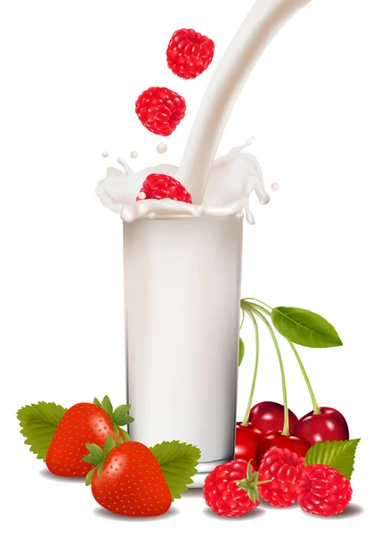Hallon och jordgubb falla i mjölk stänk. vektor illustration. — Stock vektor