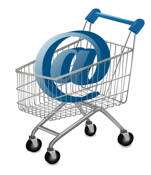 E-tecken i en kundvagn. Internet shopping koncept. vektor. — Stock vektor