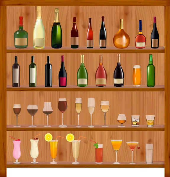 Conjunto de diferentes bebidas e garrafas na parede. Ilustração vetorial . — Vetor de Stock
