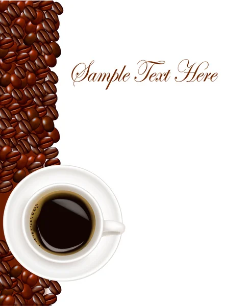 Design mit Tasse Kaffee und Kaffeekörnern. Vektor. — Stockvektor