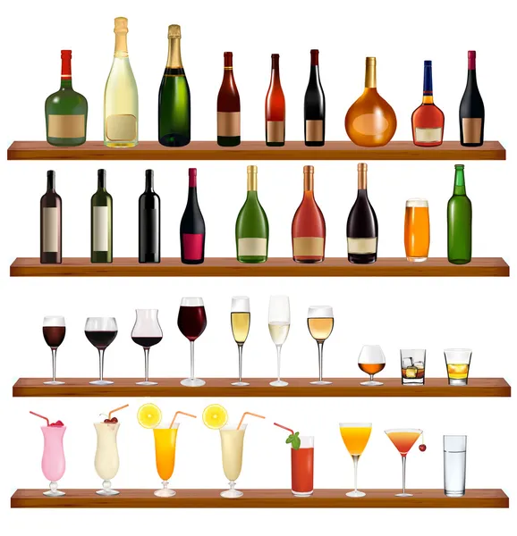 Conjunto de diferentes bebidas e garrafas na parede. Ilustração vetorial — Vetor de Stock
