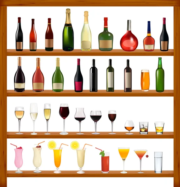 Sada různých nápojů a láhve na zdi. vektorové ilustrace. — Stockový vektor
