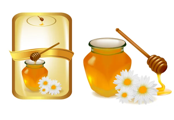 Bakgrund med honung och trä pinne och etikett. vektor illustration. — Stock vektor