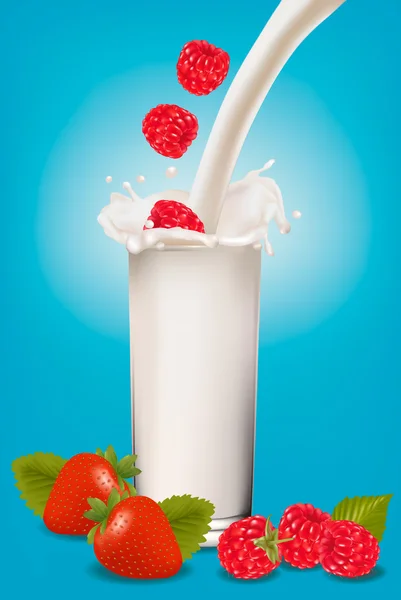 Frambuesa y fresa cayendo en el chorro de leche. Ilustración vectorial . — Vector de stock