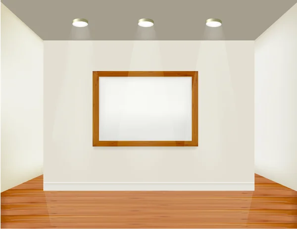 Boş çerçeve duvar spot ışıkları ve tahta arka plan ile. vektör illustrati — Stok Vektör