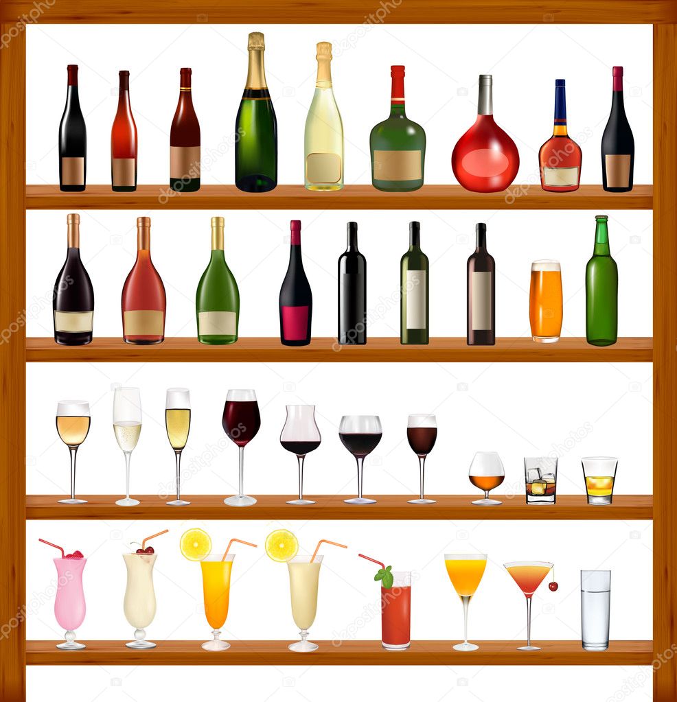 Set of different drinks and bottles on the wall. Vector illustration.