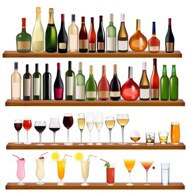 Set of different drinks and bottles on the wall. Vector illustration. clipart