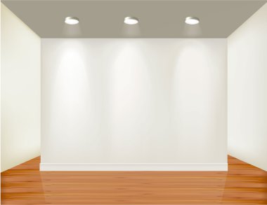 Empty frame on wall with spot lights and wood background. Vector illustrati