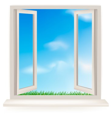 Open window against a white wall and the cloudy sky and sun. Conceptual sho clipart