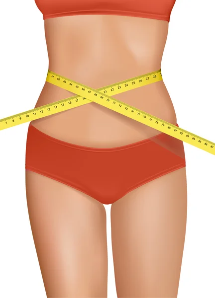 Ταιριάζει τη νεαρή γυναίκα σώμα με τη μετρημένη περιφέρεια της μέσης. έννοια της διατροφής. διάνυσμα. — Διανυσματικό Αρχείο