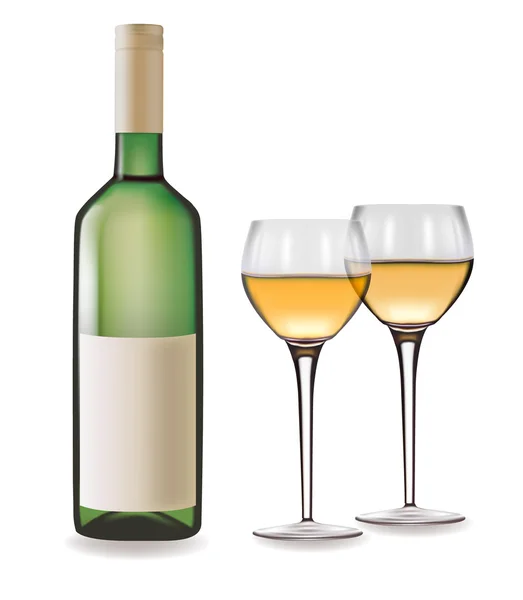 一瓶白葡萄酒和一杯葡萄酒杯。矢量插画. — 图库矢量图片