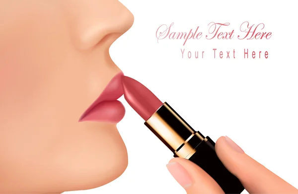 Lipsticks and happy female lips over white illustration. — Stock Vector