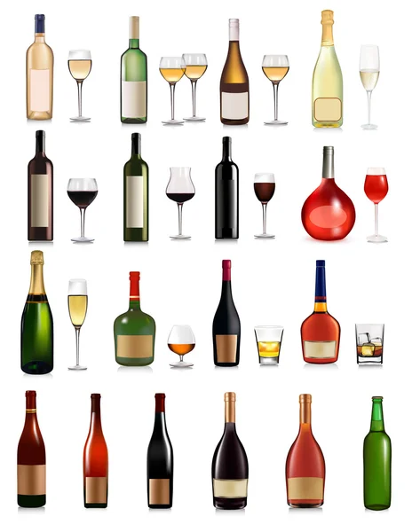 Conjunto de diferentes bebidas e garrafas. Ilustração vetorial . — Vetor de Stock