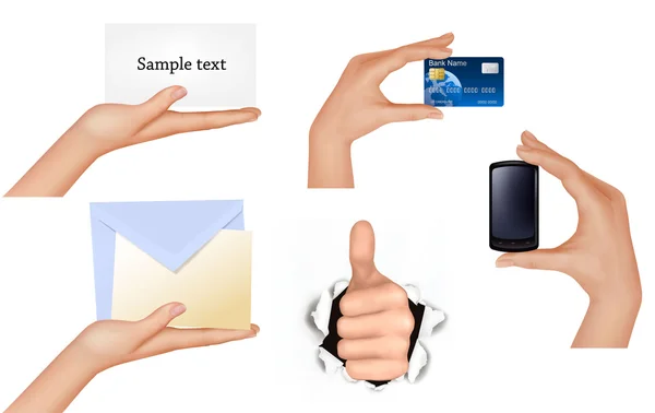 Set of hands holding different business objects. — Stock Vector