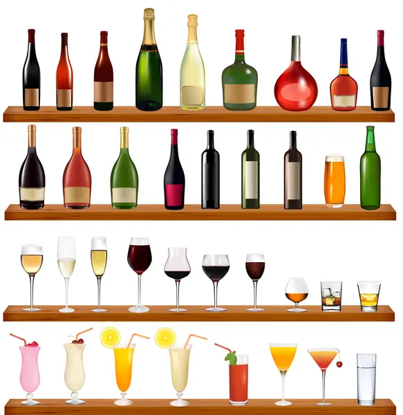 Set di diverse bevande e bottiglie sul muro. Illustrazione vettoriale . — Vettoriale Stock