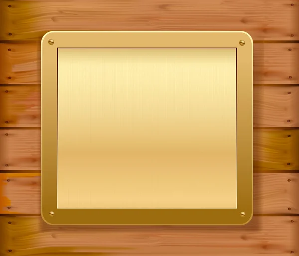 Guld metallic plattan på en trävägg. vektor illustration. — Stock vektor