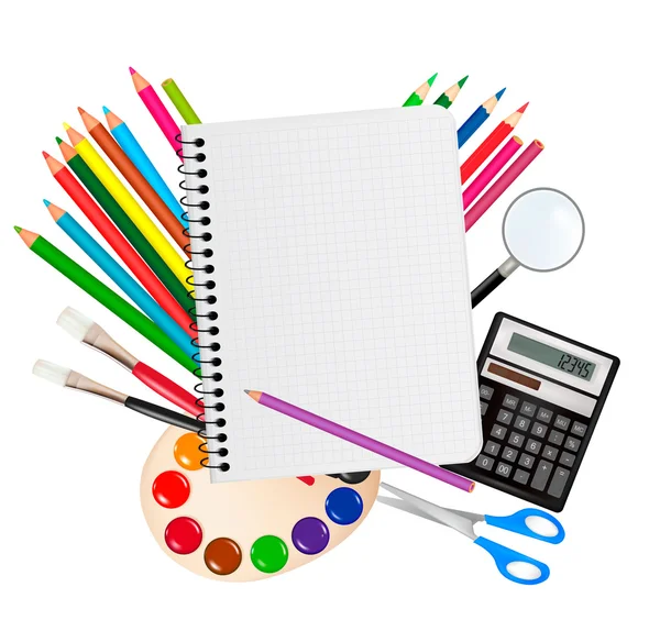 Back to school. Notepad with school supplies. Vector. — Stock Vector