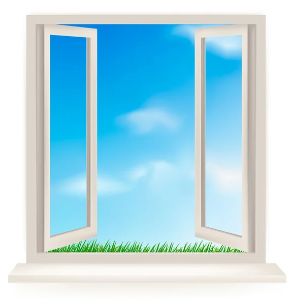 Ouvrez la fenêtre contre un mur blanc et le ciel nuageux et le soleil. Conceptuel sho — Image vectorielle