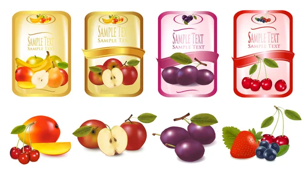 Quatre étiquettes avec baies et fruits. Vecteur . — Image vectorielle