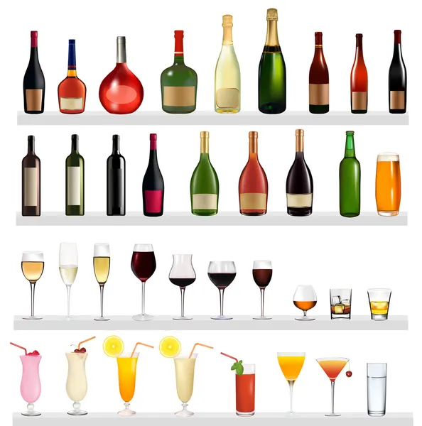 Set di diverse bevande e bottiglie sul muro. Illustrazione vettoriale . — Vettoriale Stock