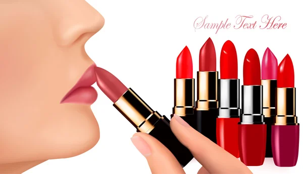Rouge à lèvres et lèvres féminines heureuses sur illustration blanche . — Image vectorielle