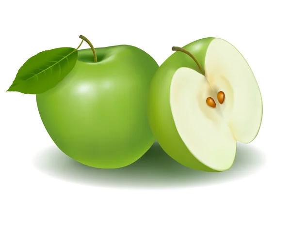 Свежее зеленое яблоко с зеленым листом. Векторная иллюстрация . — стоковый вектор