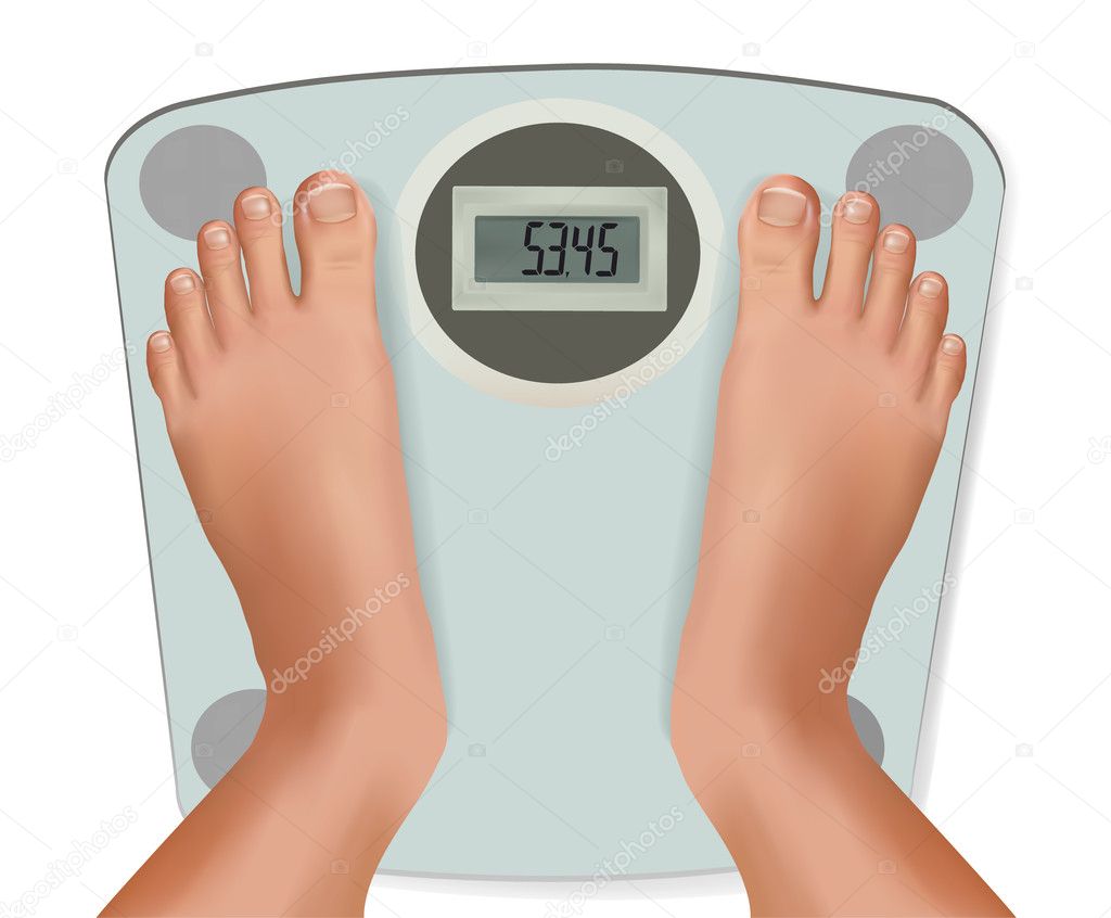 Beautiful young feet on the scale. Concept of diet. Vector.