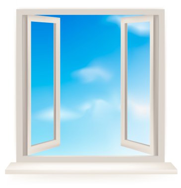 Open window against a white wall and the cloudy sky. Vector clipart