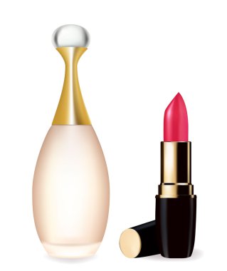 Red lipstick and perfume bottle. Vector clipart