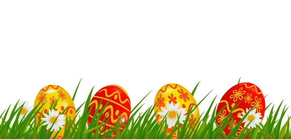 复活节彩蛋与菊花在新鲜的绿色草地上的行。矢量插画. — 图库矢量图片