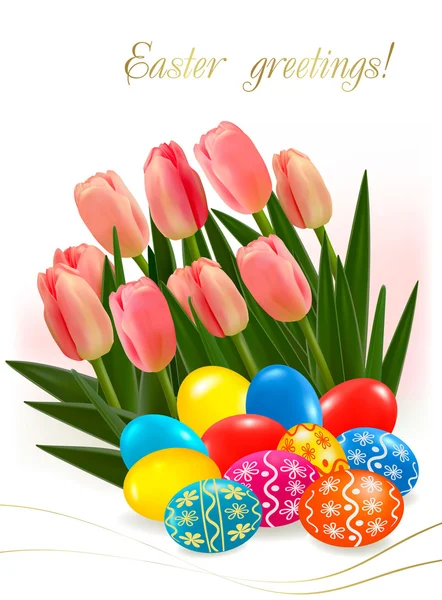 Sfondo con uova di Pasqua con fiori di tulipano rosa. illustrazione vettoriale . — Vettoriale Stock