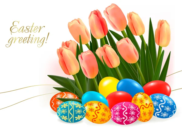Fundo com ovos de Páscoa com flores de tulipa rosa. ilustração vetorial . — Vetor de Stock