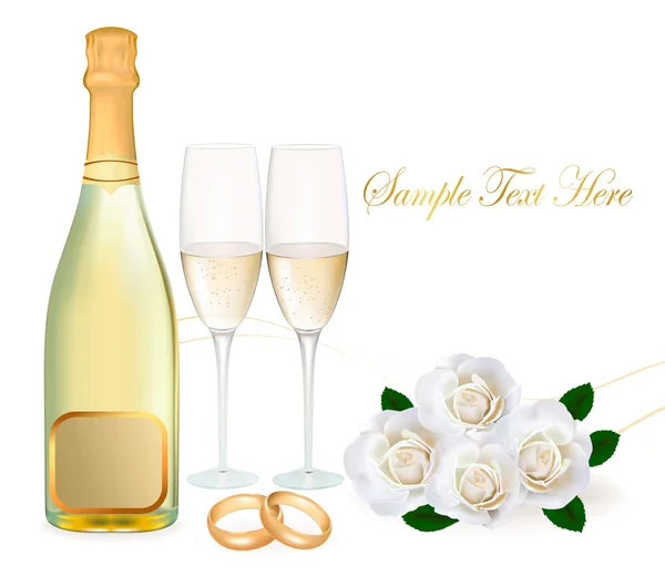 Vigselringar, rosor bukett och champagne. vektor illustration. — Stock vektor