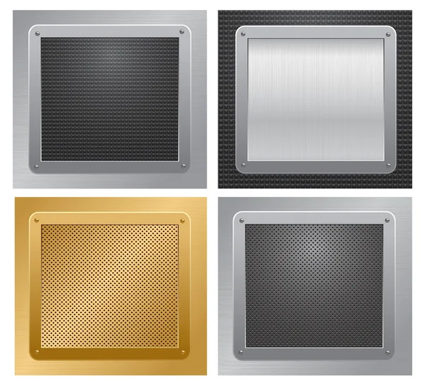 Vier glänzend metallische Platten auf strukturiertem Hintergrund. Vektorillustration — Stockvektor