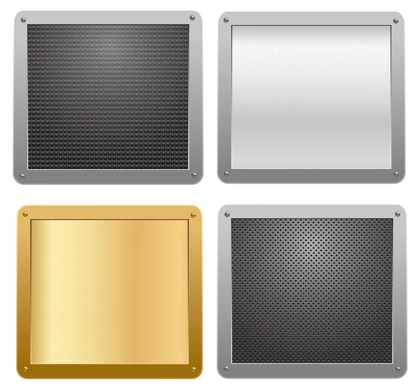 Quatre plaques métalliques brillantes sur fond texturé. Illustration vectorielle — Image vectorielle