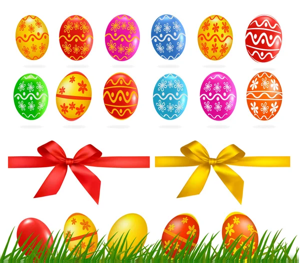 Grande coleção de diferentes ovos de Páscoa, árvore, fitas. ilustração vetorial — Vetor de Stock