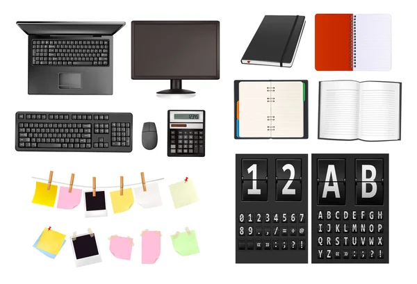 Un maletín, cuadernos y algunos suministros de oficina y de negocios. Vector . — Vector de stock