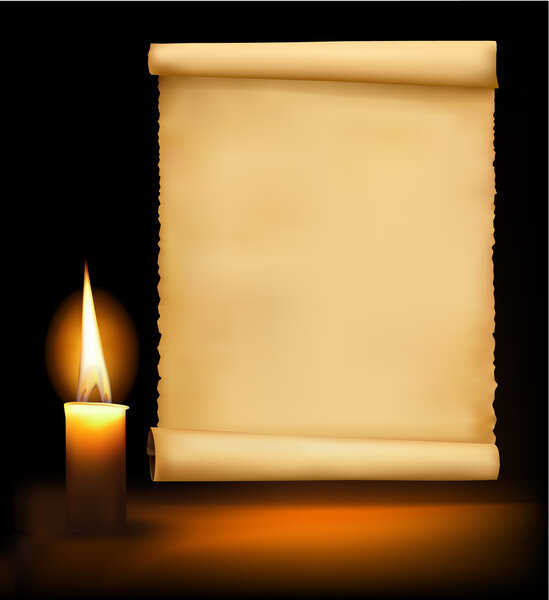Background with old paper, candle and a candle. Vector illustration.